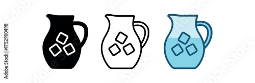 glass pitcher with ice icon on white background Black silhouette flat icon outline icon and colored icon style. 1x3 grid. three minimal vector icon style