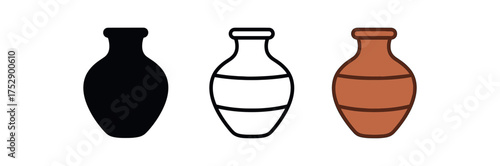 earthen water pot icon on white background Black silhouette flat icon outline icon and colored icon style. 1x3 grid. three minimal vector icon style