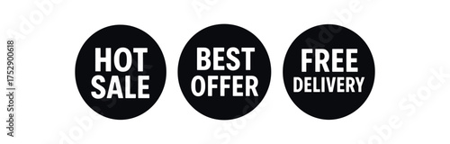 Flat vector round black badges set 'HOT SALE' 'BEST OFFER' 'FREE DELIVERY'.Bold uppercase white background even spacing