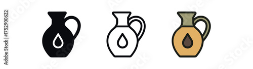 ceramic oil jar icon on white background Black silhouette flat icon outline icon and colored icon style. 1x3 grid. three minimal vector icon style