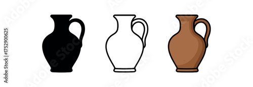 antique ceramic jug icon on white background Black silhouette flat icon outline icon and colored icon style. 1x3 grid. three minimal vector icon style