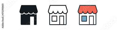 storefront icon on white background Black silhouette flat icon outline icon and colored icon style. 1x3 grid. three minimal vector icon style.centered composition clear white space around