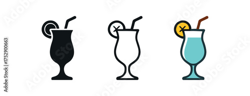 hurricane cocktail glass icon on white background Black silhouette flat icon outline icon and colored icon style. 1x3 grid. three minimal vector icon style.centered composition clear white