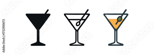 aperitif glass icon on white background Black silhouette flat icon outline icon and colored icon style. 1x3 grid. three minimal vector icon style