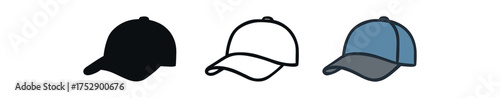 cap on icon on white background Black silhouette flat icon outline icon and colored icon style. 1x3 grid. three minimal vector icon style.centered composition clear white space around equal
