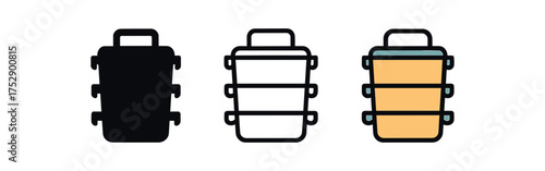 stackable food container icon on white background Black silhouette flat icon outline icon and colored icon style. 1x3 grid. three minimal vector icon style