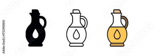 oil cruet bottle icon on white background Black silhouette flat icon outline icon and colored icon style. 1x3 grid. three minimal vector icon style