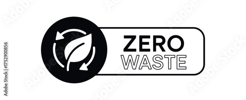 Black silhouette flat icon and outline icon style. Modern safety certification label design. Circular black icon on the left with simple flat pictogram of leaf arrows. From the circle