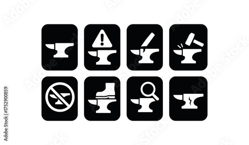 flat black solid icon 8 different items each item inside solid rounded rectangle safety placard no shadows no gradients anvil horn hazard sharp anvil horn edge broken anvil horn warning