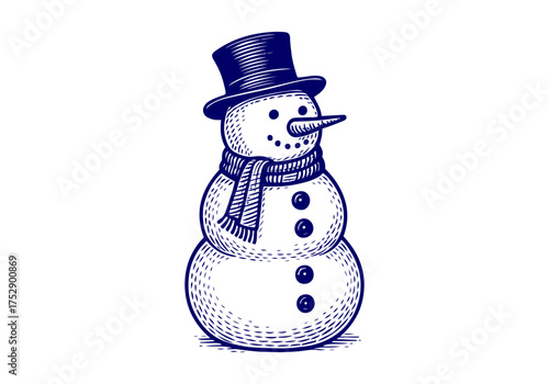 Snowman hand drawn simple engraved vector illustration