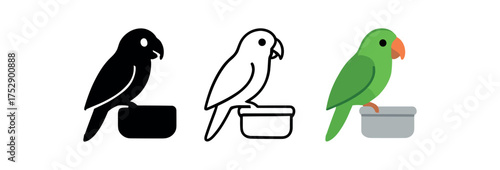 parrot feeding bowl icon on white background Black silhouette flat icon outline icon and colored icon style. 1x3 grid. three minimal vector icon style