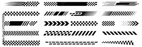 Racing Car Stripes and Checkered Patterns Set with Finish Line Graphics, Motocross Labels, Dynamic Lines, Motorsport Racing Cars, Sport Decals, Speed Stripes, and Vehicle Tuning Stickers