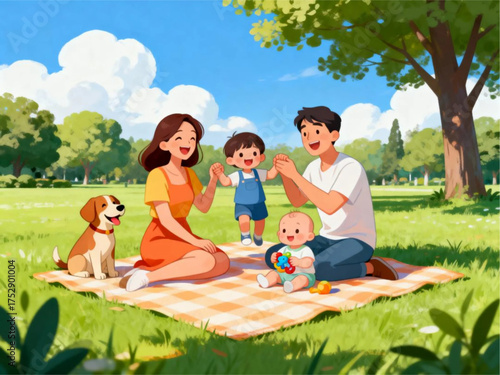 Family enjoying a picnic in a serene park on a sunny day with their dog
