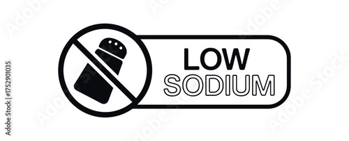 Black silhouette flat icon and outline icon style. Modern health nutrition label design. Circular black icon on the left with simple flat pictogram of salt shaker crossed . From the circle