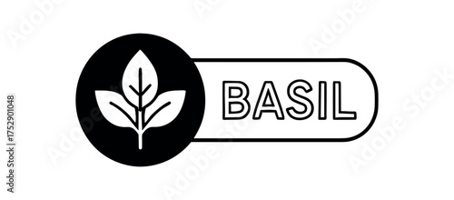 Black silhouette flat icon and outline icon style. Modern cosmetic label design. Circular black icon on the left with pictogram of basil leaf. From the circle extends rounded rectangular
