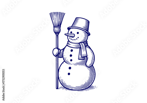 Snowman hand drawn simple engraved vector illustration