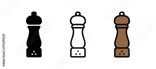 pepper grinder icon on white background Black silhouette flat icon outline icon and colored icon style. 1x3 grid. three minimal vector icon style