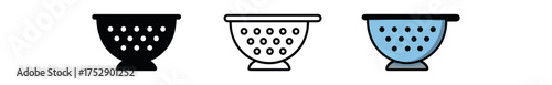 colander bowl icon on white background Black silhouette flat icon outline icon and colored icon style. 1x3 grid. three minimal vector icon style.centered composition clear white space