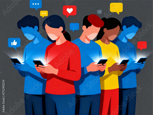 Group of people using mobile devices with social media interaction icons surrounding them in a modern environment viewed from the front