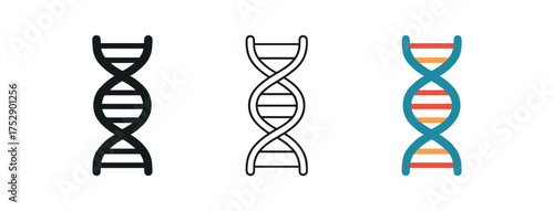 dna helix icon on white background Black silhouette flat icon outline icon and colored icon style. 1x3 grid. three minimal vector icon style.centered composition clear white space around