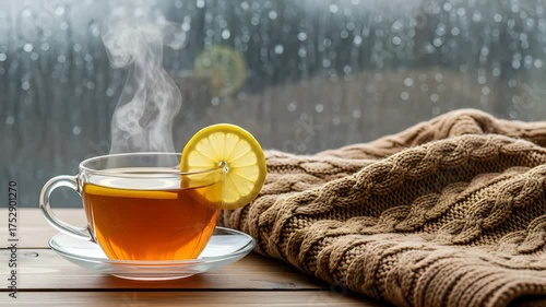 Tea cup with lemon beside ginger root on a wooden surface