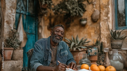 Wallpaper Mural Elderly man enjoying a peaceful moment while painting in a sunlit courtyard surrounded by vibrant plants and rustic decor Torontodigital.ca