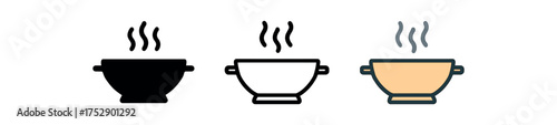 porcelain soup bowl icon on white background Black silhouette flat icon outline icon and colored icon style. 1x3 grid. three minimal vector icon style