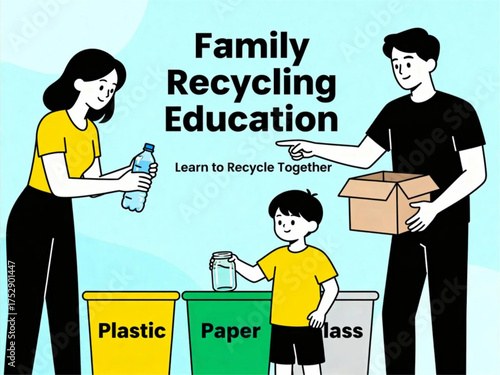 Family participating in recycling education together, sorting waste into plastic, paper, and glass bins