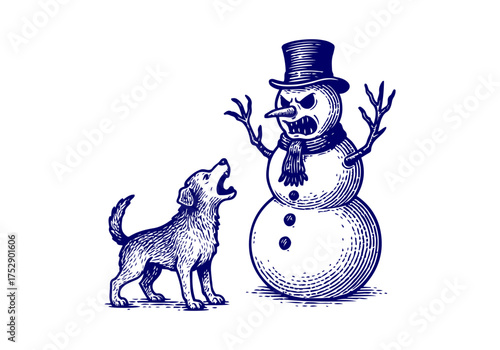 Snowman hand drawn simple engraved vector illustration