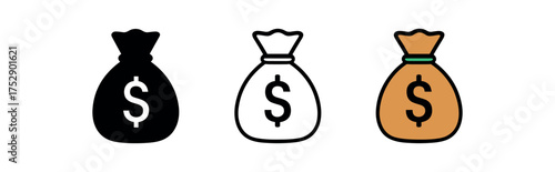 money bag icon on white background Black silhouette flat icon outline icon and colored icon style. 1x3 grid. three minimal vector icon style.centered composition clear white space around