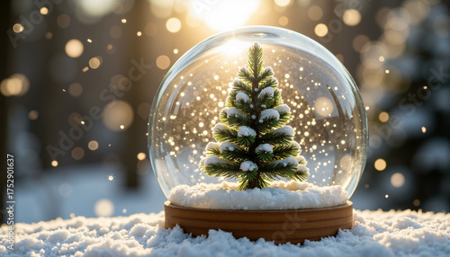 Snow globe scene with miniature Christmas tree and falling snow in modern style  