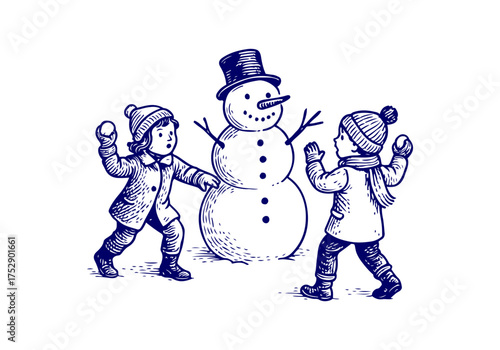 Snowman hand drawn simple engraved vector illustration
