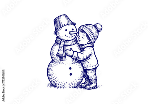 Snowman hand drawn simple engraved vector illustration