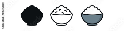metal rice bowl icon on white background Black silhouette flat icon outline icon and colored icon style. 1x3 grid. three minimal vector icon style