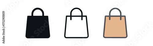 produce bag icon on white background Black silhouette flat icon outline icon and colored icon style. 1x3 grid. three minimal vector icon style.centered composition clear white space around