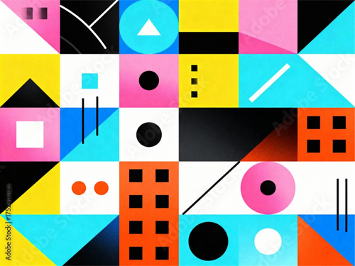 Vibrant geometric shapes and abstract elements combine in a dynamic digital artwork, showcasing a kaleidoscope of colors and forms.