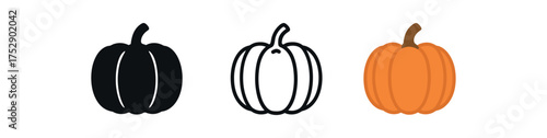 autumn pumpkin icon on white background Black silhouette flat icon outline icon and colored icon style. 1x3 grid. three minimal vector icon style