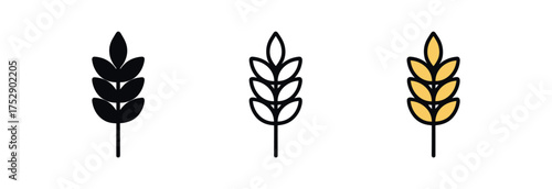 harvest wheat icon on white background Black silhouette flat icon outline icon and colored icon style. 1x3 grid. three minimal vector icon style.centered composition clear white space