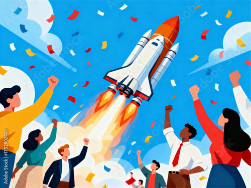 People celebrating a successful rocket launch on a sunny day with confetti and joy