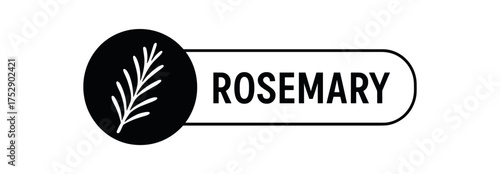 Black silhouette flat icon and outline icon style. Modern cosmetic label design. Circular black icon on the left with pictogram of rosemary sprig. From the circle extends rounded