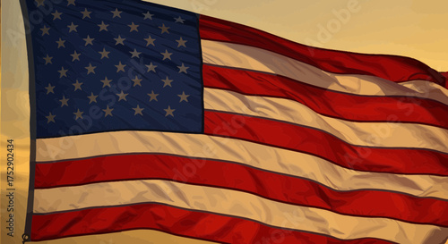 A majestic American flag waving proudly against a golden sunset backdrop