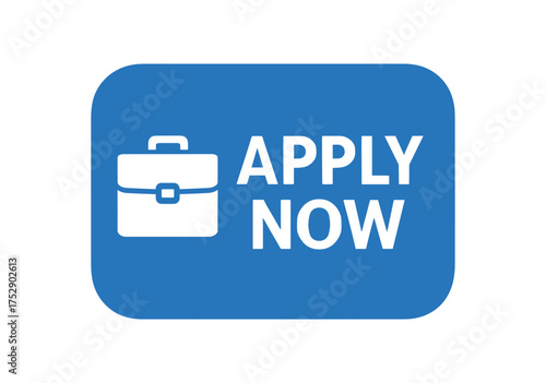Rounded 'APPLY NOW' button blue with small briefcase icon left.Flat vector on white bold uppercase