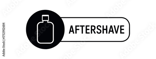 Black silhouette flat icon and outline icon style. Modern cosmetic label design. Circular black icon on the left with simple flat pictogram of aftershave bottle. From the circle extends