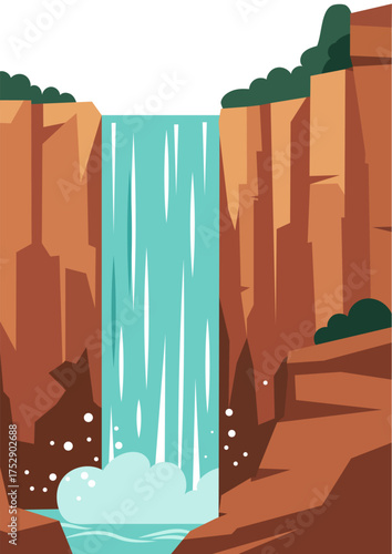Cascading waterfall between rocky cliffs. Nature landscape with flowing water. Flat design illustration for travel and environment concept.