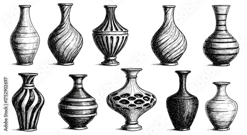 Modern Vase Collection – Contemporary Design Engraved Vector Sketch Vases Set