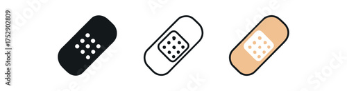 bandage medical strip icon on white background Black silhouette flat icon outline icon and colored icon style. 1x3 grid. three minimal vector icon style.centered composition clear white