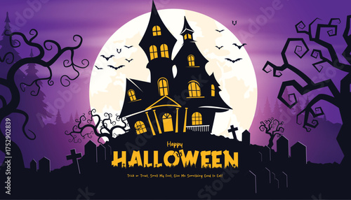 Halloween haunted house clipart design. Happy Halloween greeting clip art banner with scary full moon, spooky haunted mansion and silhouette grave yard background vector illustration.