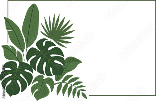 Vector illustration of tropical green leaves and palm branches forming elegant botanical frame. Perfect for invitations, posters, nature backgrounds and summer designs.