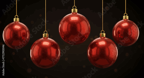 Elegant red christmas baubles hanging against a dark festive bokeh background
