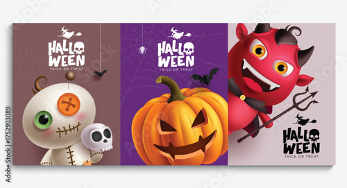 Halloween characters vector poster set design. Happy Halloween greeting card collection with scarecrow, devil, monster, mummy and pumpkin characters collection. Vector illustration party invitation